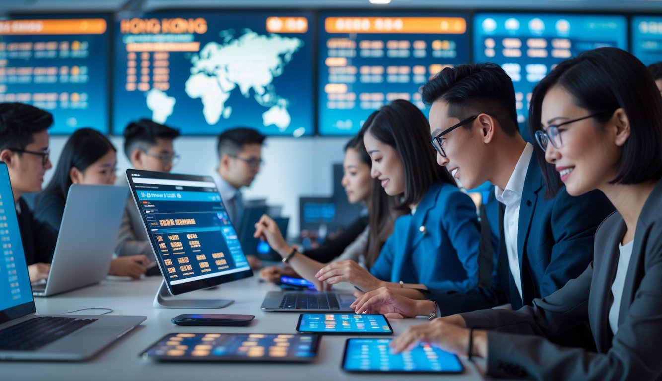 Orang-orang di kantor modern sedang melihat hasil lotere secara langsung di layar komputer.