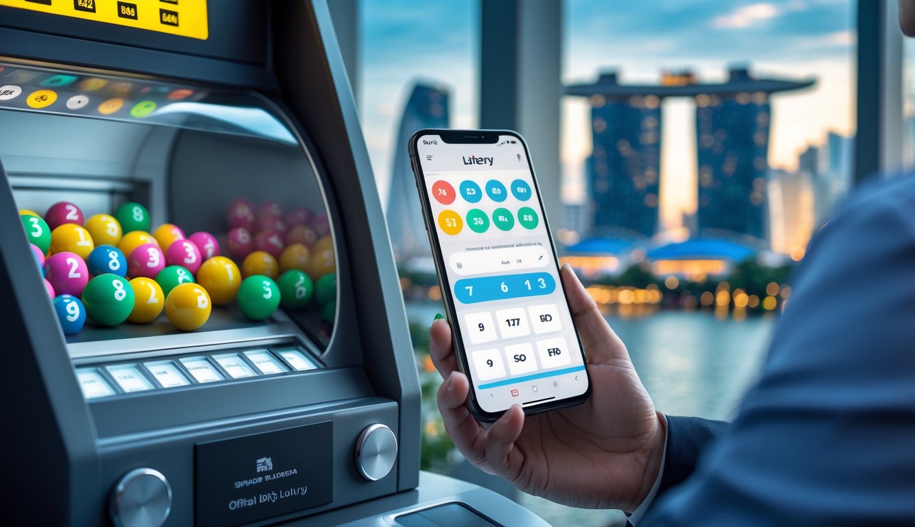 Seseorang memegang ponsel dengan aplikasi lotere di latar belakang mesin lotere modern dan pemandangan kota Singapore.