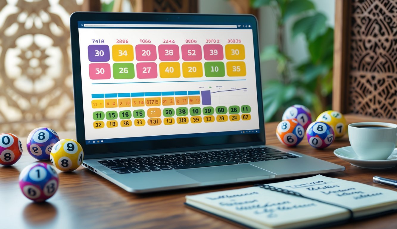 Meja kerja modern dengan laptop menampilkan angka togel, bola togel bernomor, kopi, dan catatan di latar belakang dengan elemen budaya Indonesia.