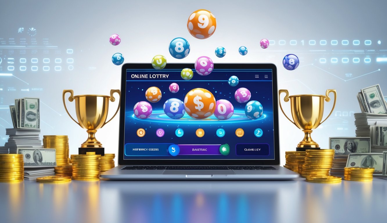 Meja kerja modern dengan laptop yang menampilkan antarmuka lotere online dan tumpukan uang serta koin emas di sekitarnya.