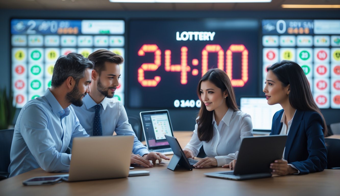 Orang-orang bekerja bersama di kantor modern dengan layar digital menampilkan angka lotere dan jam digital menunjukkan waktu 24 jam.