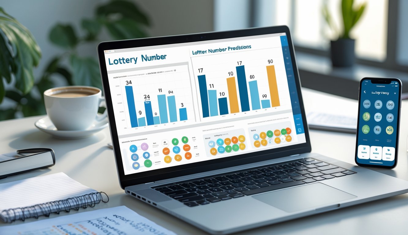 Meja kerja modern dengan laptop yang menampilkan grafik dan diagram, cangkir kopi, buku catatan, dan ponsel di atas meja.