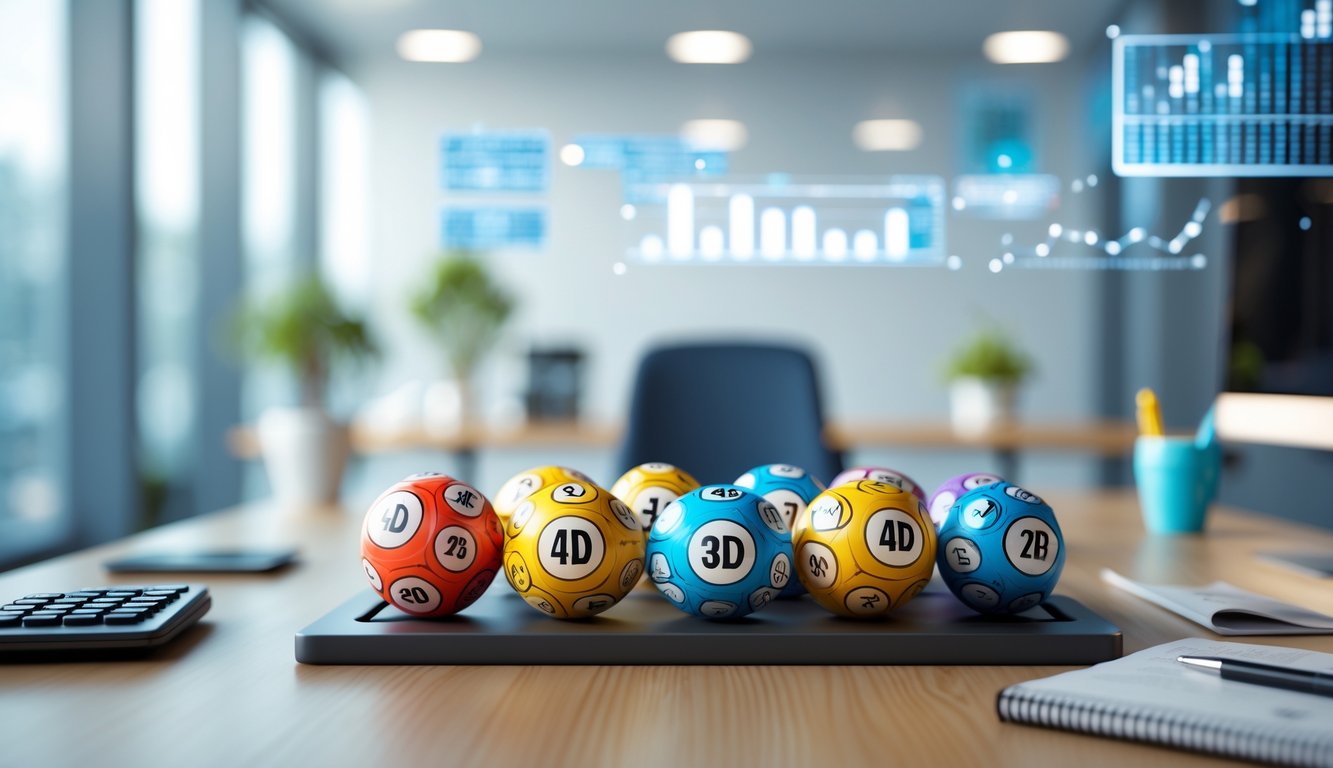 Meja dengan bola lotere berwarna-warni yang menampilkan angka, di latar belakang kantor dengan pencahayaan alami.