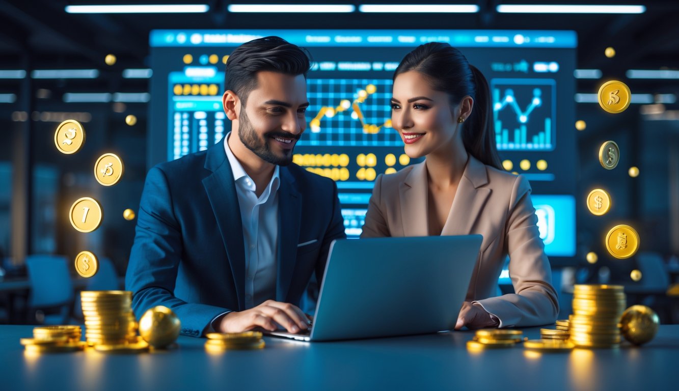 Dua orang profesional di kantor modern sedang melihat laptop dengan grafik dan koin emas di sekitar mereka.