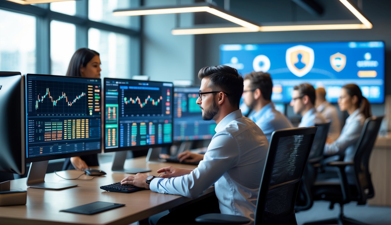 Sekelompok profesional bekerja di kantor modern dengan komputer yang menampilkan permainan kasino daring dan grafik data.