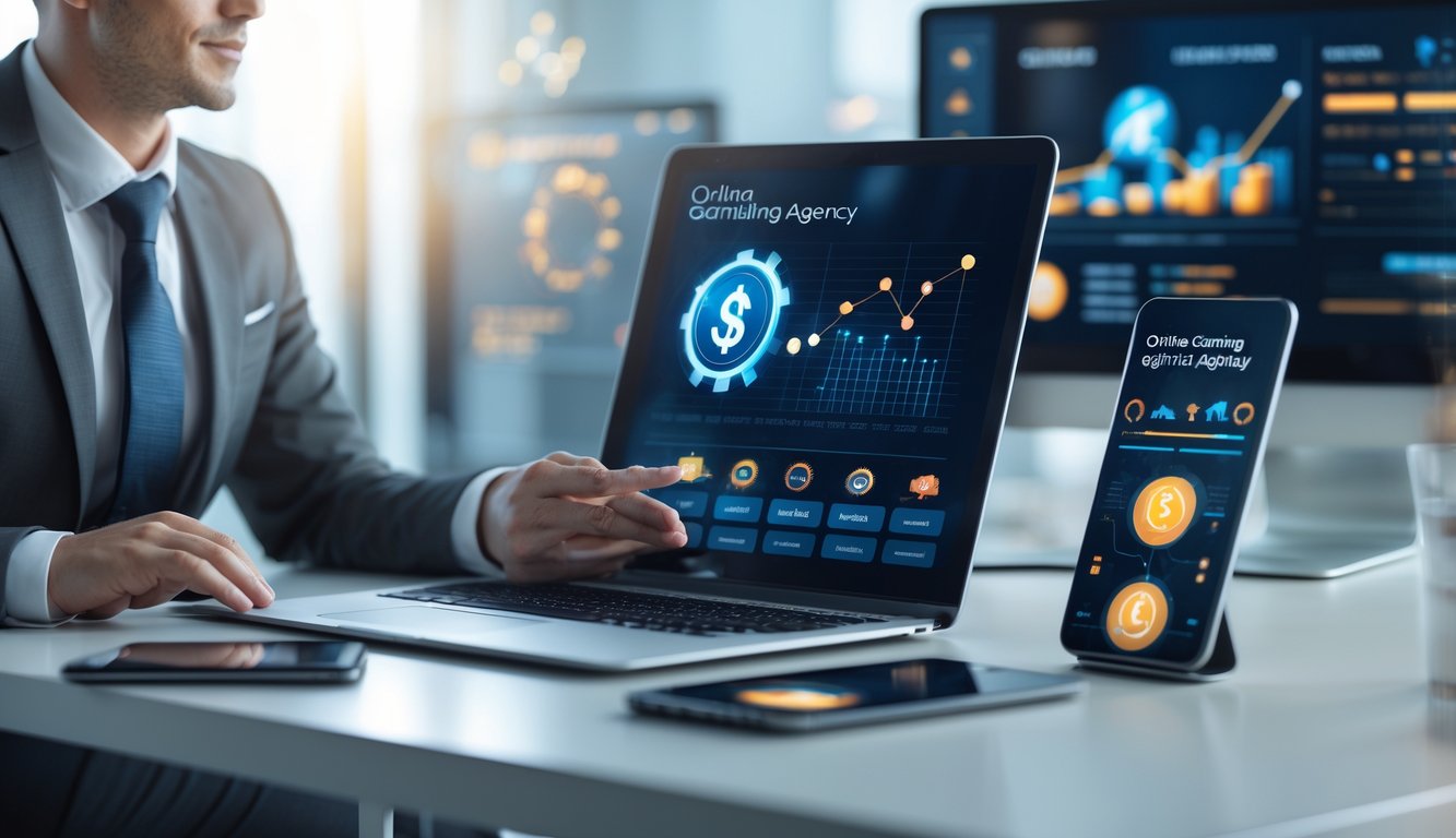 Seorang profesional sedang bekerja di meja dengan beberapa perangkat digital yang menampilkan grafik permainan online dalam kantor modern.