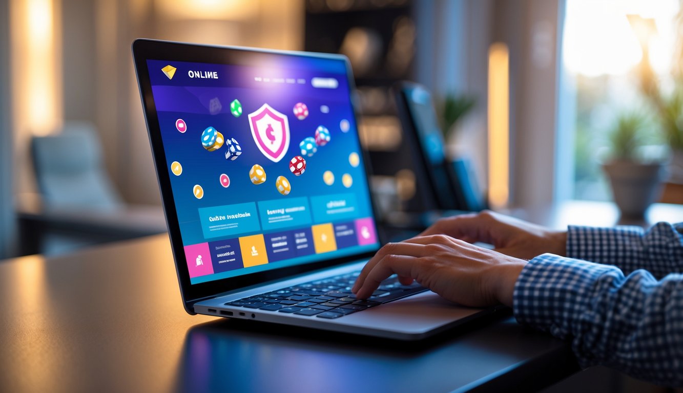 Seseorang menggunakan laptop dengan tampilan situs taruhan online yang aman di meja kerja di rumah.