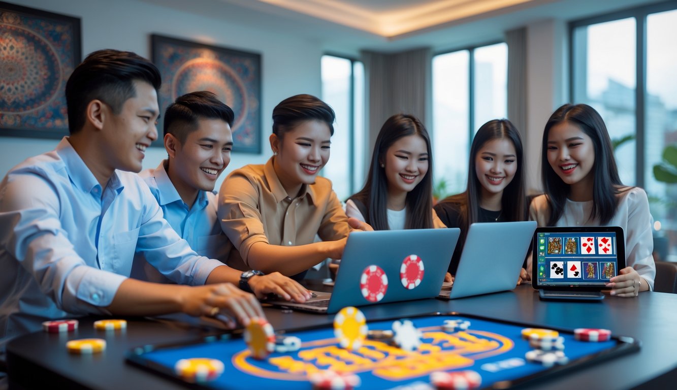 Sekelompok orang muda bermain permainan kasino online dengan perangkat digital di ruangan modern yang menampilkan elemen budaya Indonesia.