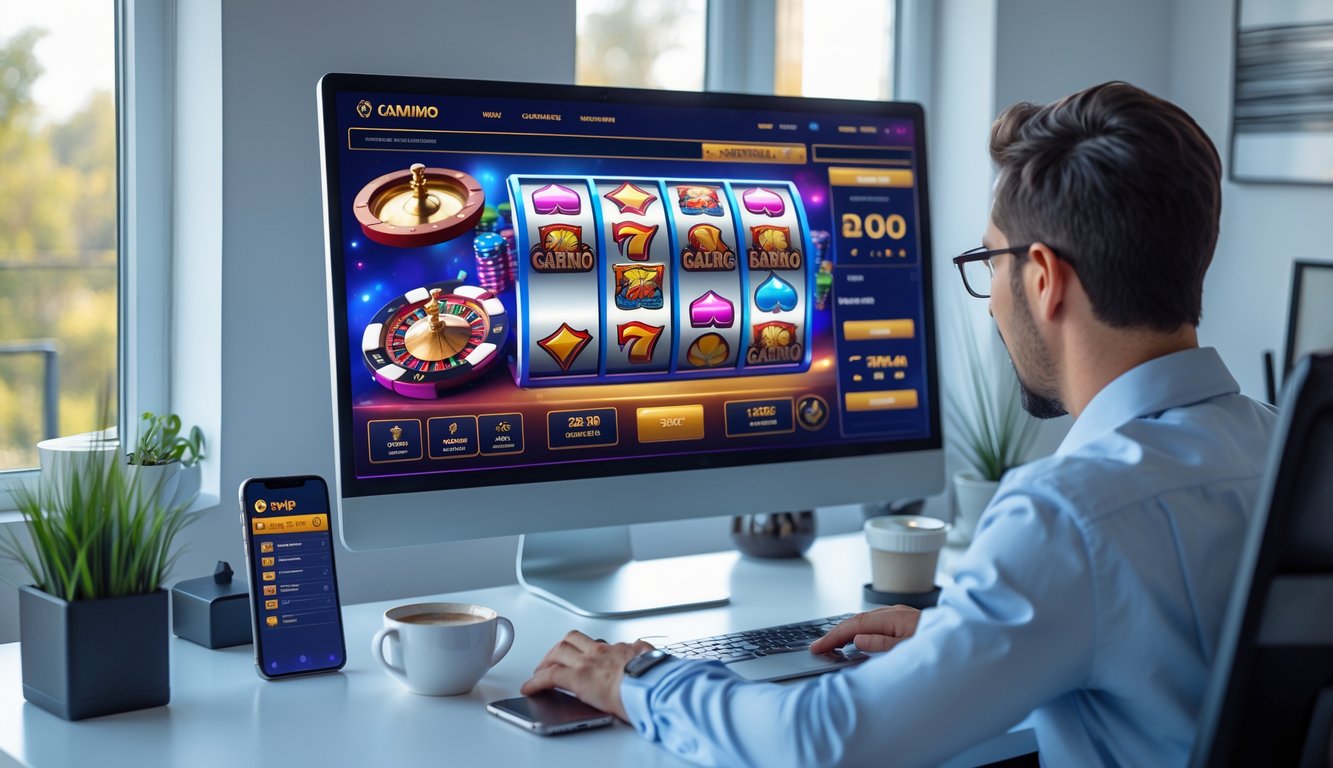 Orang yang sedang menggunakan komputer di meja kerja dengan tampilan permainan judi online di layar.