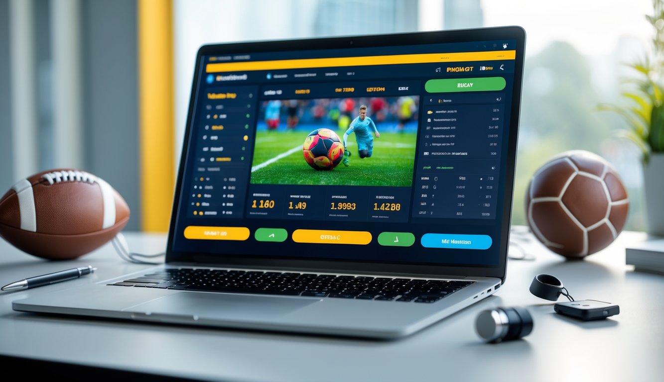 Sebuah laptop di atas meja menampilkan antarmuka taruhan olahraga dengan bola sepak dan peluit di sekitarnya.