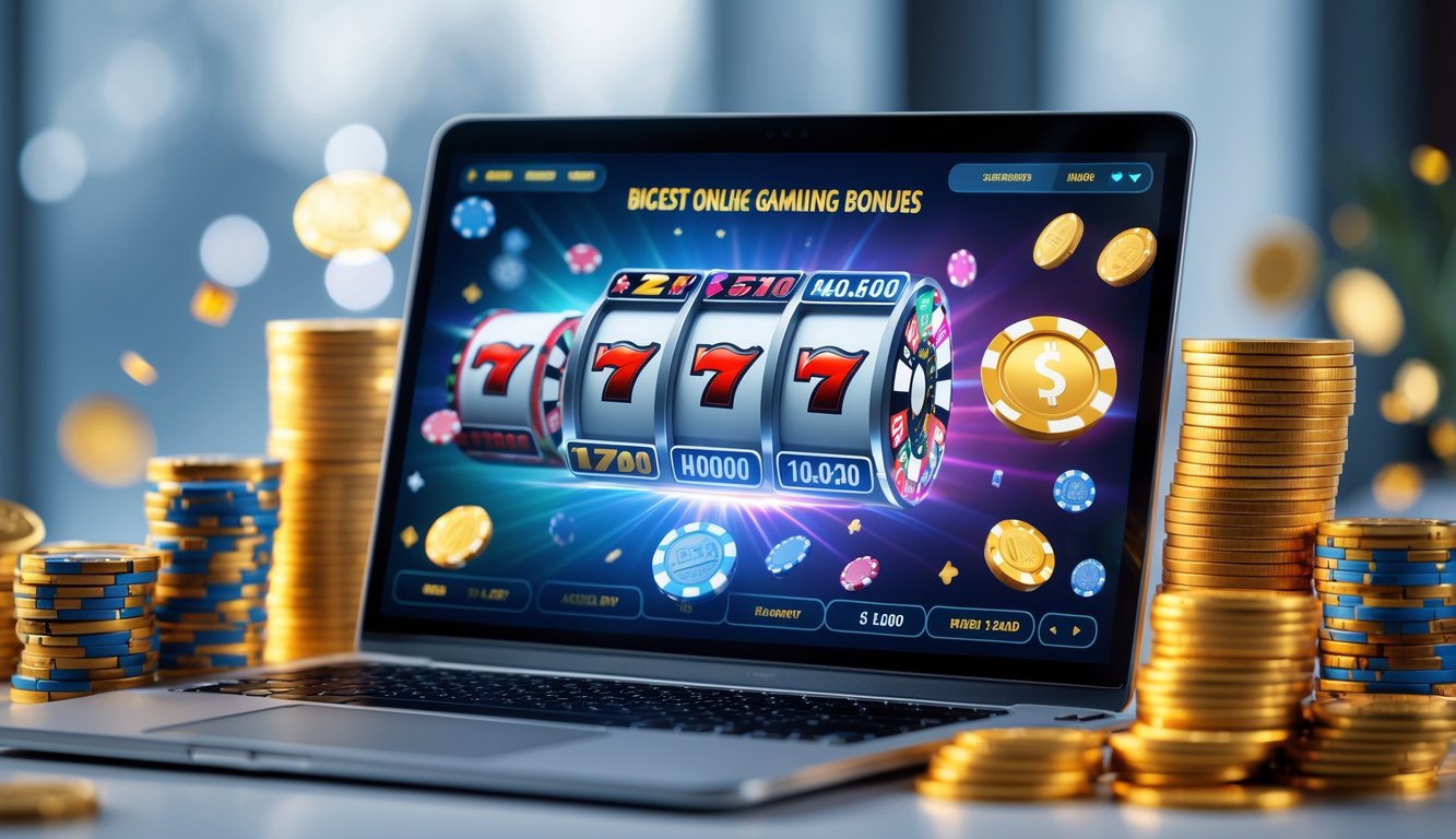 Seorang pemain menggunakan laptop dengan tampilan permainan judi online dan tumpukan chip kasino di meja.