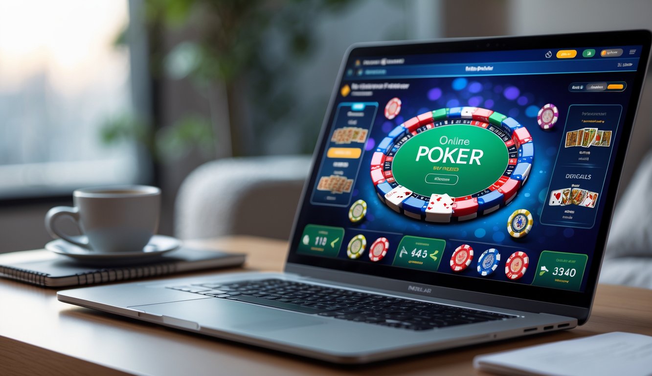 Seorang pemain poker online menggunakan laptop dengan tumpukan chip poker dan kartu di meja.