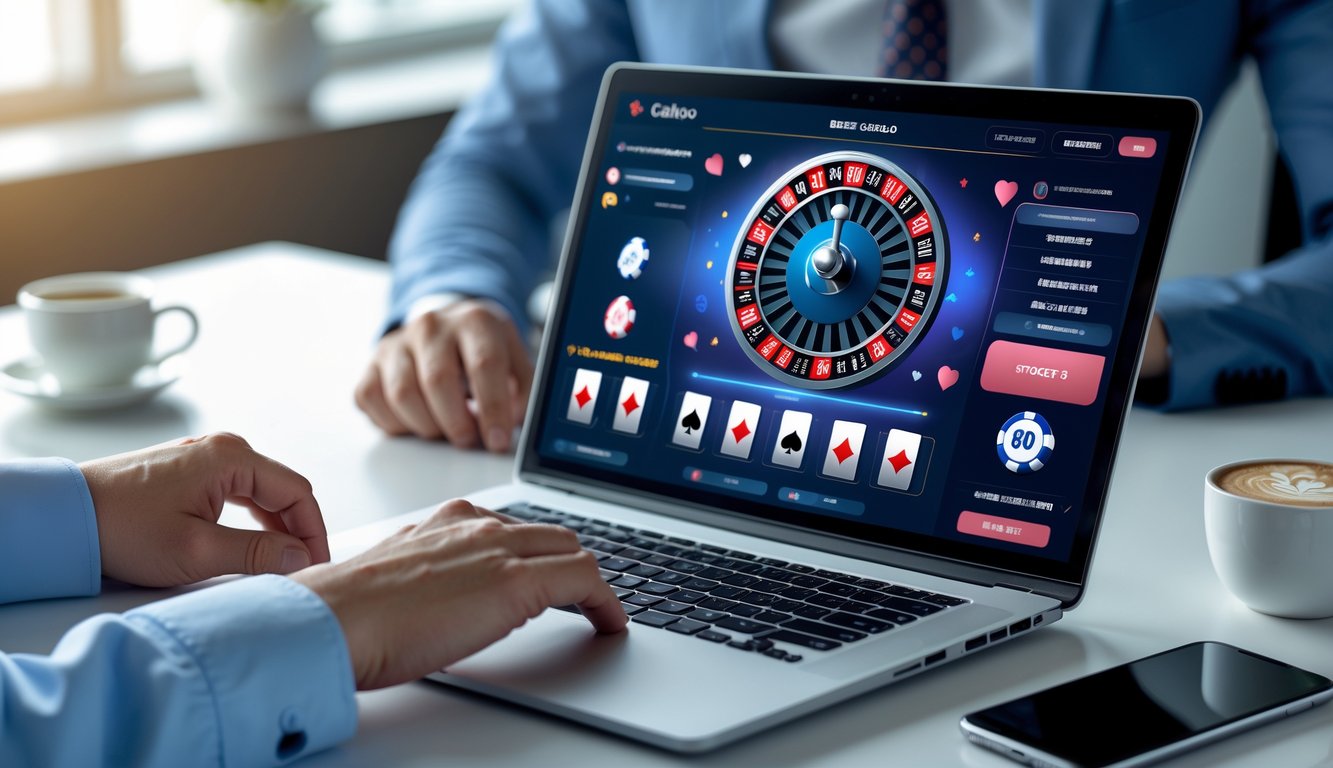 Seorang pria di meja kerja menggunakan laptop yang menampilkan permainan judi online dengan chip dan kartu remi.