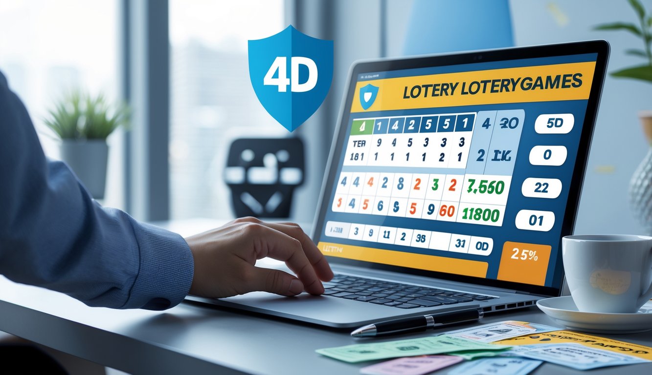Seseorang menggunakan laptop di meja kerja dengan tiket lotere dan alat tulis, menunjukkan suasana profesional dan terpercaya terkait permainan lotere 4D.