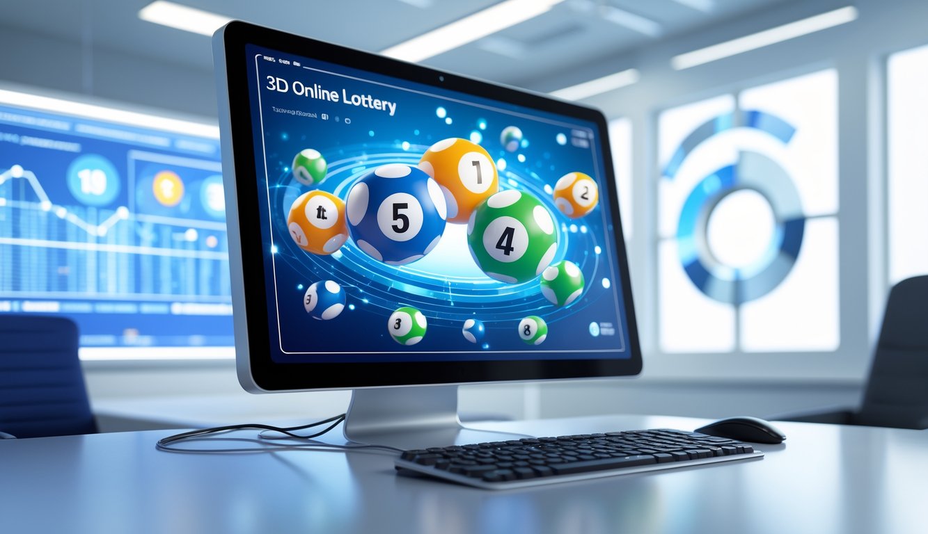 Tampilan layar komputer dengan bola lotere 3D berwarna-warni di lingkungan kantor modern.