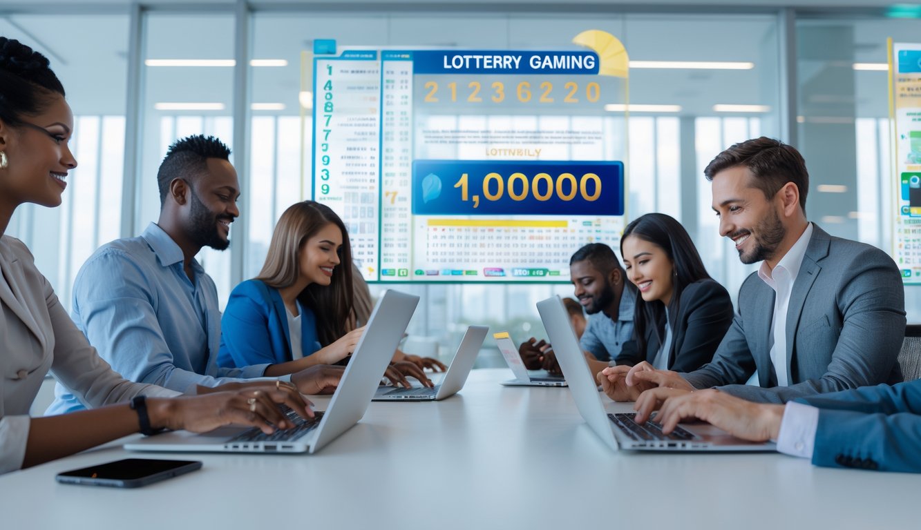 Orang-orang menggunakan laptop dan ponsel di kantor modern dengan layar digital menampilkan angka lotre di latar belakang.