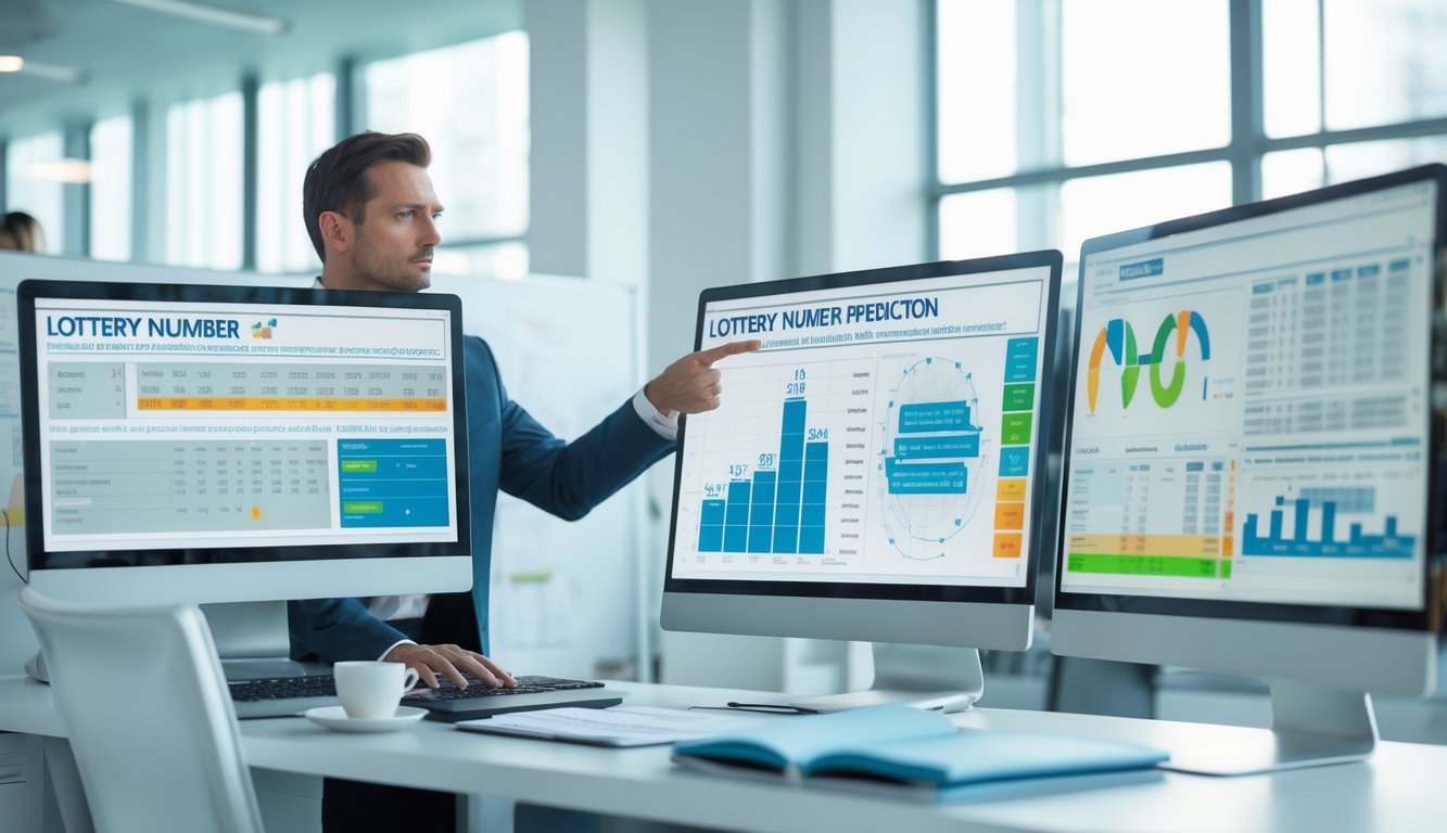 Seorang profesional di kantor modern sedang menganalisis data angka pada layar komputer dengan grafik dan tabel di meja kerja yang rapi.