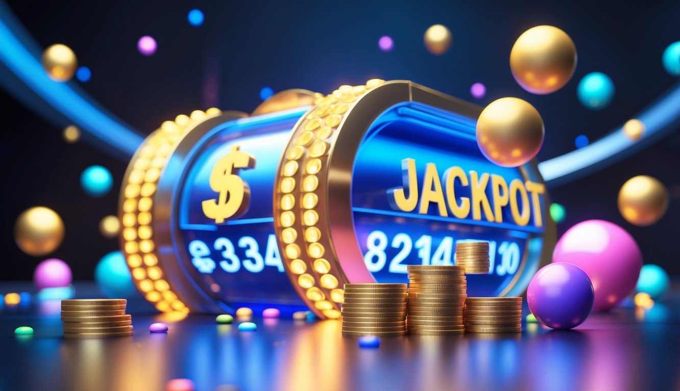 Adegan jackpot lotere 3D dengan koin emas dan bola lotere berwarna-warni yang mengambang di sekitar tampilan jackpot besar.