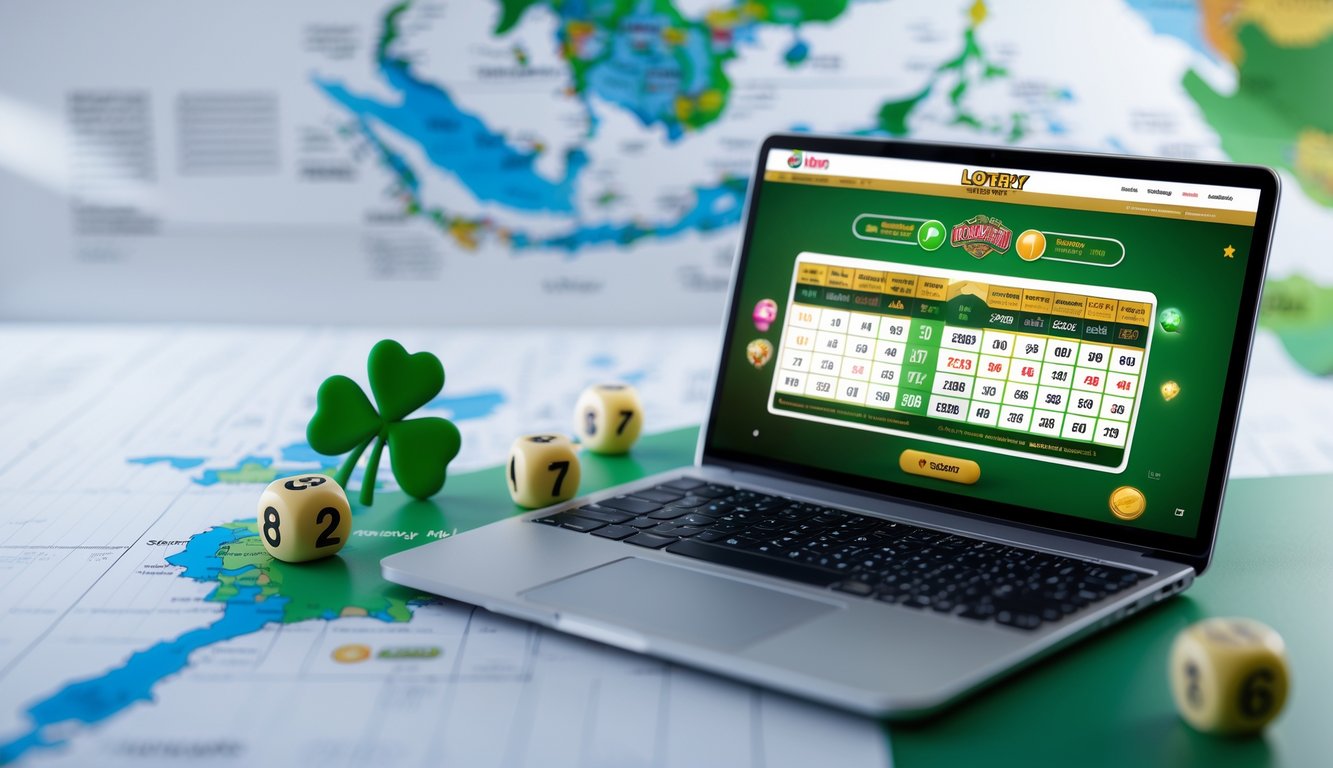Meja kerja modern dengan laptop yang menampilkan antarmuka digital lotere, dikelilingi oleh elemen keberuntungan seperti daun semanggi, dadu, dan bola lotere, dengan latar belakang peta Indonesia yang samar.