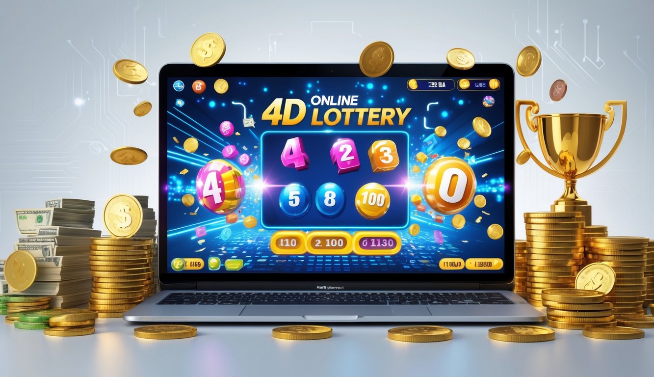 Sebuah laptop atau ponsel menampilkan antarmuka lotere digital dengan koin emas dan tumpukan uang di sekitarnya.