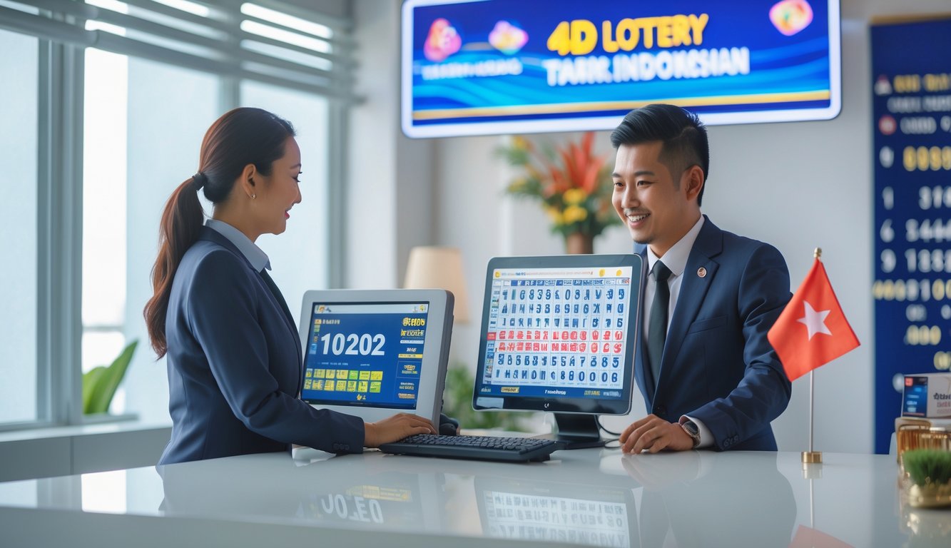 Seorang agen lotere Indonesia sedang melayani pelanggan di kantor dengan komputer dan dekorasi khas Indonesia.
