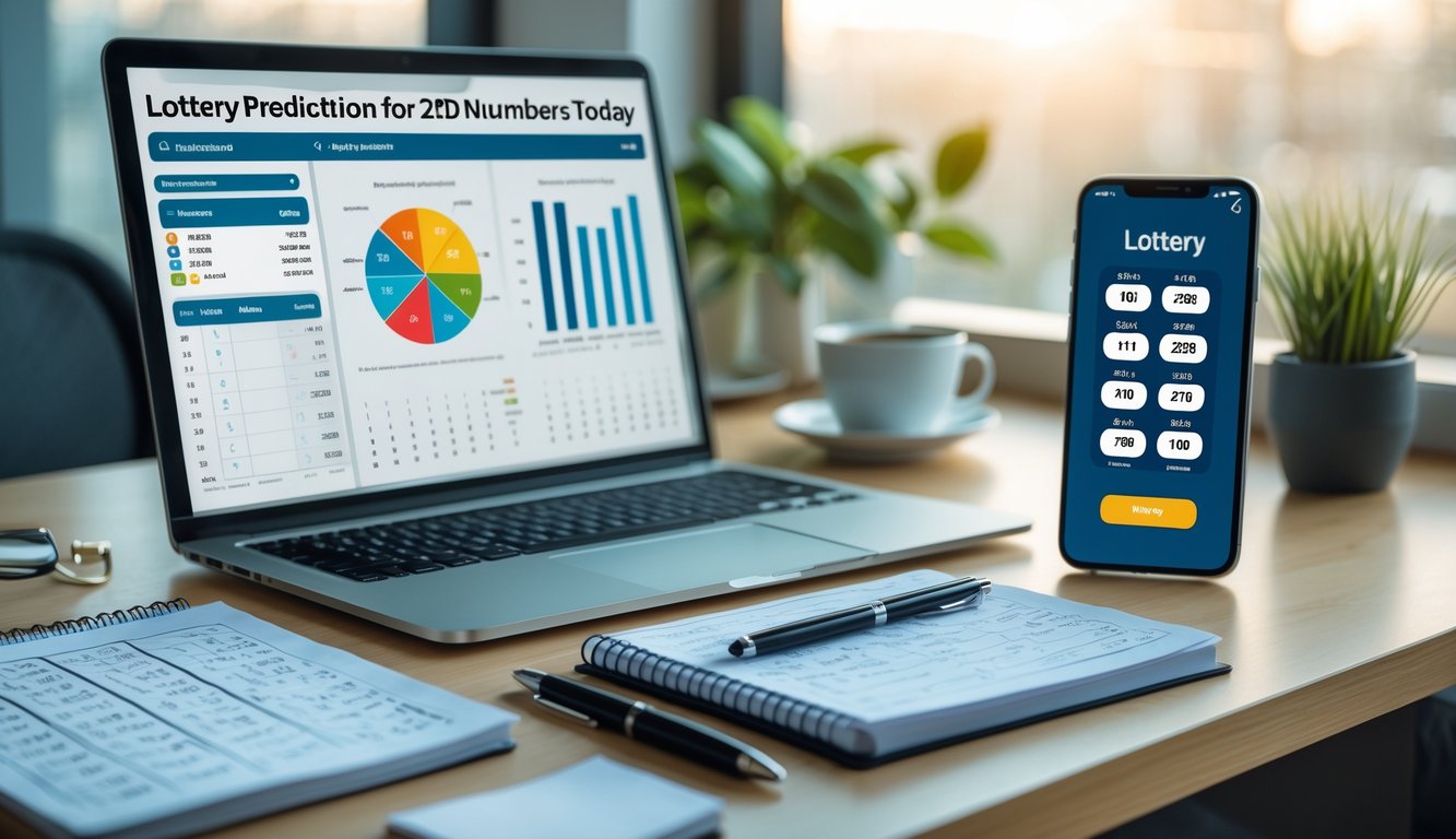 Meja kantor dengan laptop, notepad, pena, dan ponsel yang menampilkan data prediksi togel 2D hari ini.