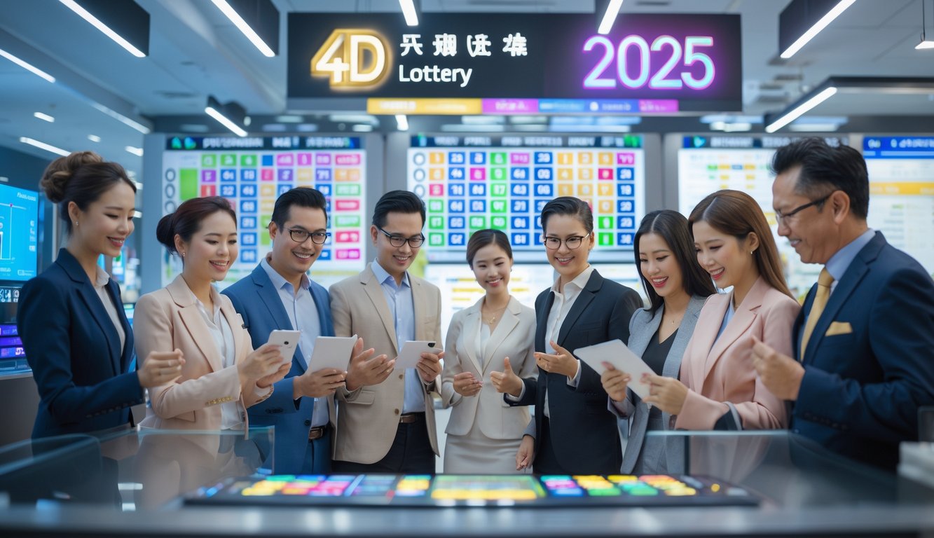 Orang-orang di ruang modern memeriksa hasil lotere 4D dengan layar digital dan suasana profesional yang cerah.