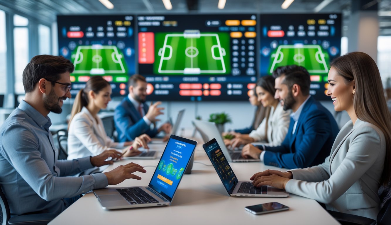 Orang-orang menggunakan perangkat digital untuk memasang taruhan sepak bola di sebuah kantor modern.