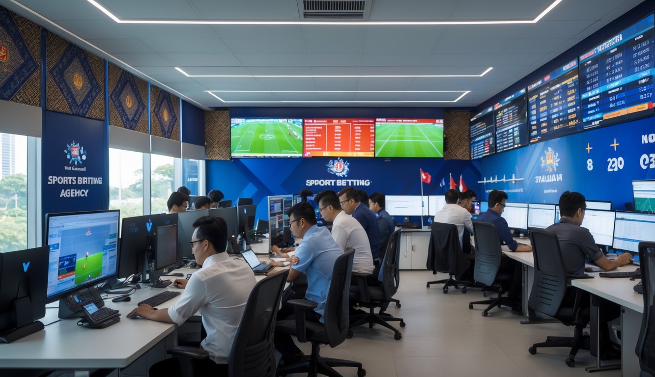 Suasana kantor resmi agen taruhan bola di Indonesia dengan beberapa orang yang bekerja di depan layar komputer menampilkan pertandingan sepak bola.