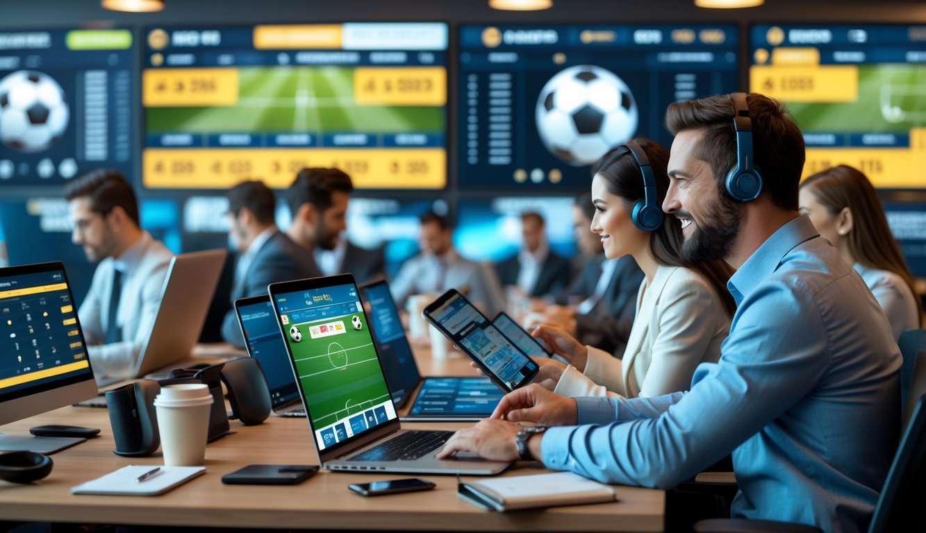 Orang-orang menggunakan perangkat digital untuk taruhan sepak bola online di kantor modern.