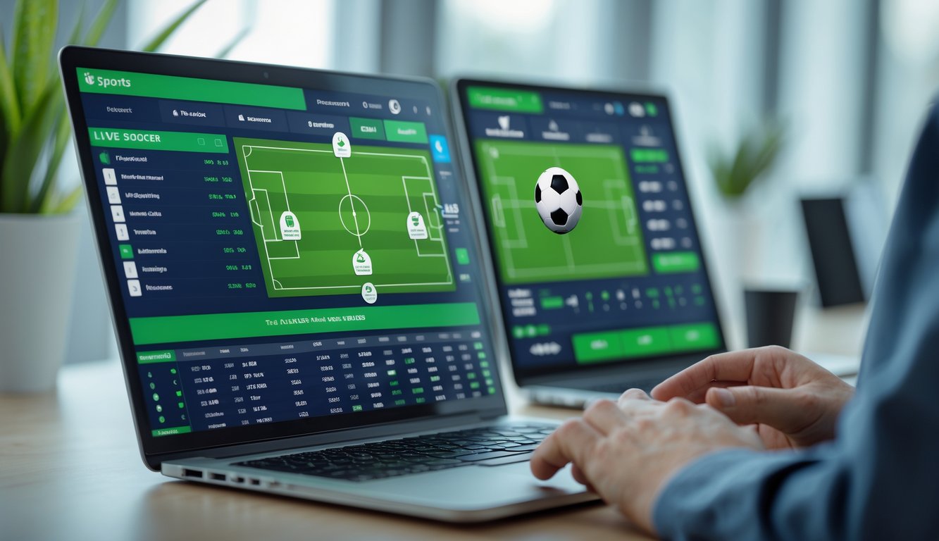 Seseorang menggunakan komputer dengan tampilan antarmuka taruhan sepak bola yang aman dan terpercaya.