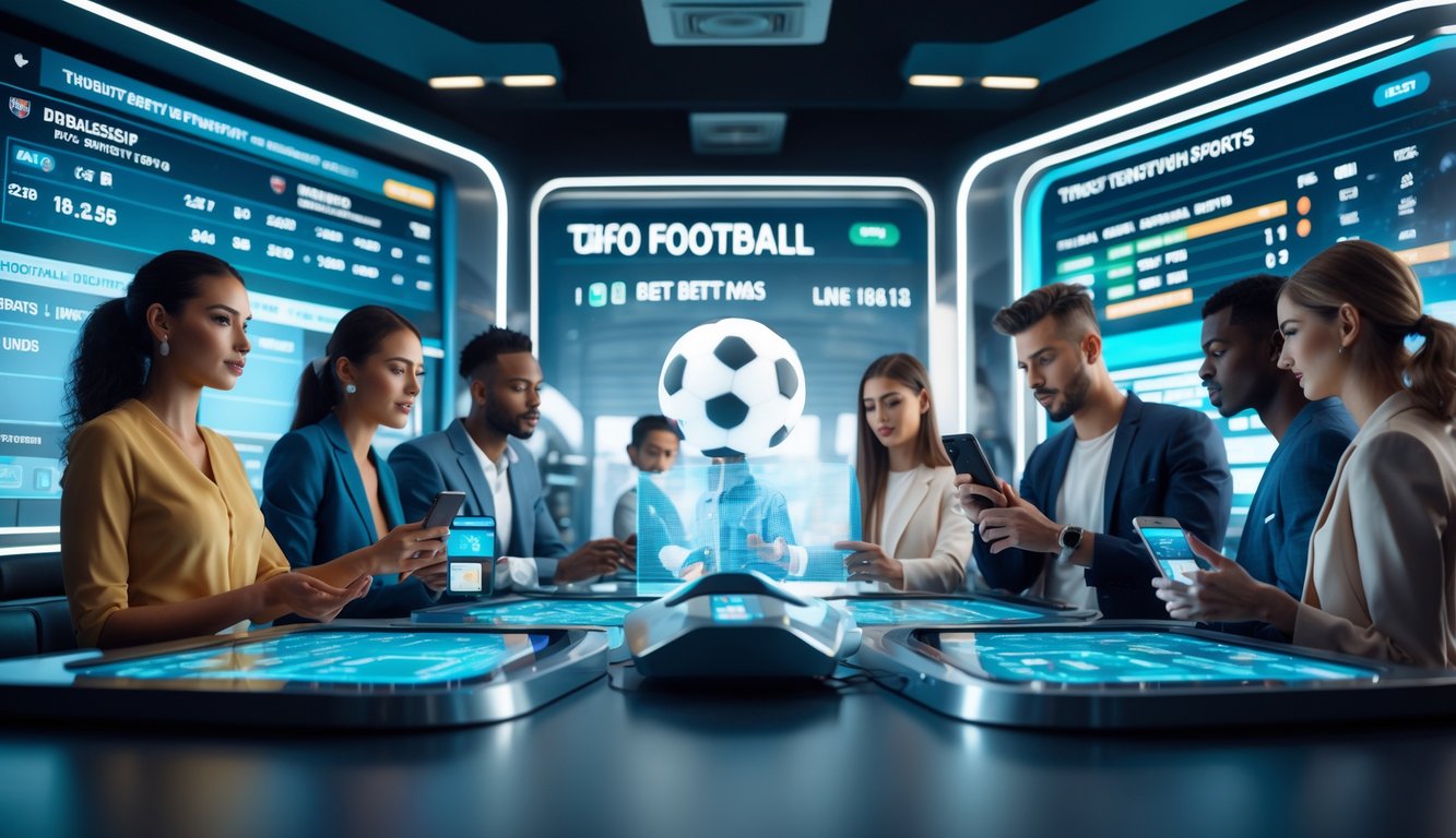 Sekelompok orang muda sedang melihat statistik pertandingan sepak bola secara digital di ruang modern dengan layar besar dan perangkat mobile.