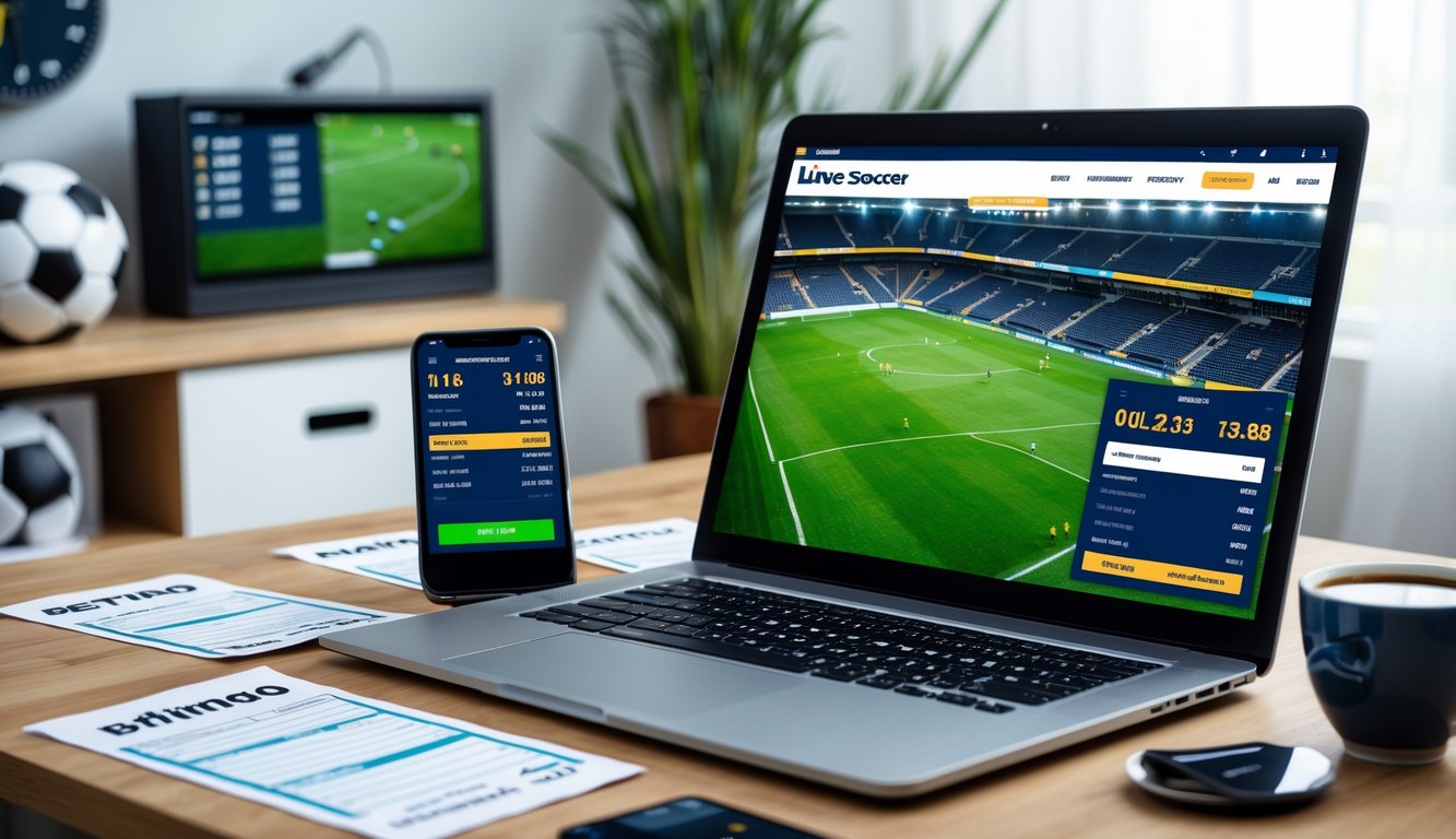 Seseorang menggunakan laptop di meja kerja dengan pertandingan sepak bola langsung di layar dan perangkat lain untuk taruhan online.