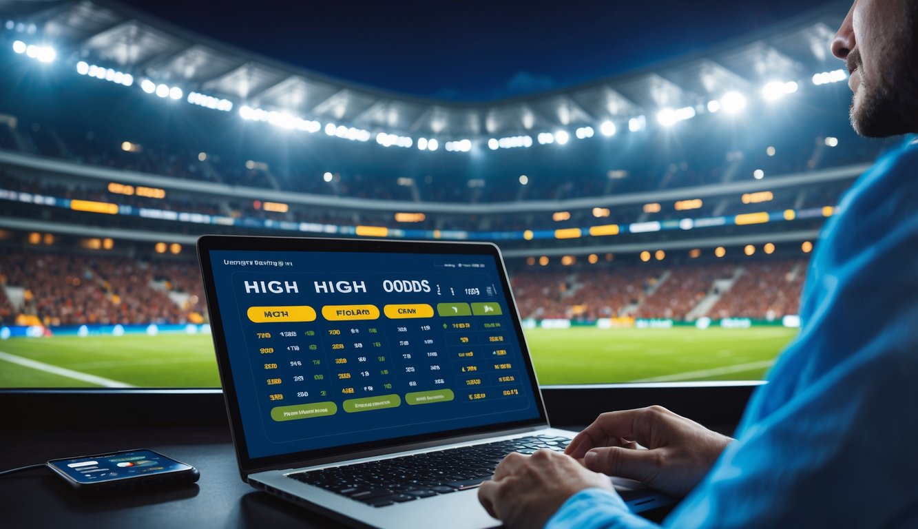 Seorang pria sedang melihat layar laptop dan ponsel dengan latar belakang stadion sepak bola yang penuh penonton dan lampu sorot menyala.