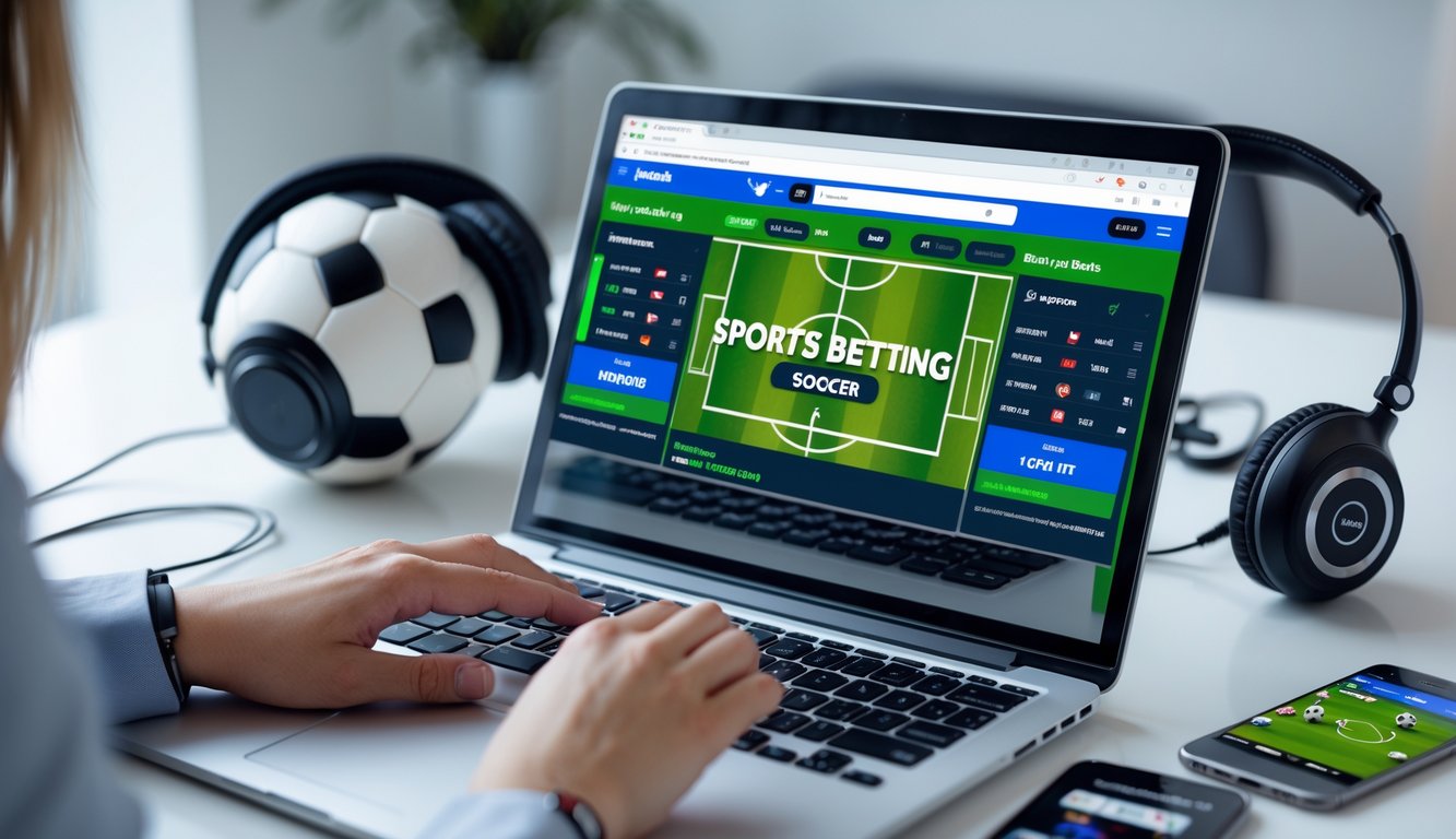 Seseorang menggunakan laptop dengan tampilan situs taruhan bola online, dikelilingi bola sepak dan ponsel di meja kerja.