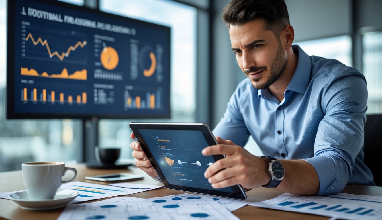 Seorang pria sedang menganalisis statistik sepak bola menggunakan tablet di kantor modern.