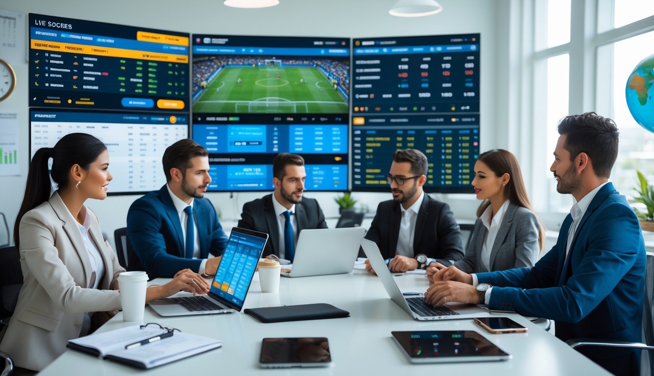 Sekelompok profesional sedang menganalisis data pertandingan sepak bola di layar digital di sebuah kantor modern.