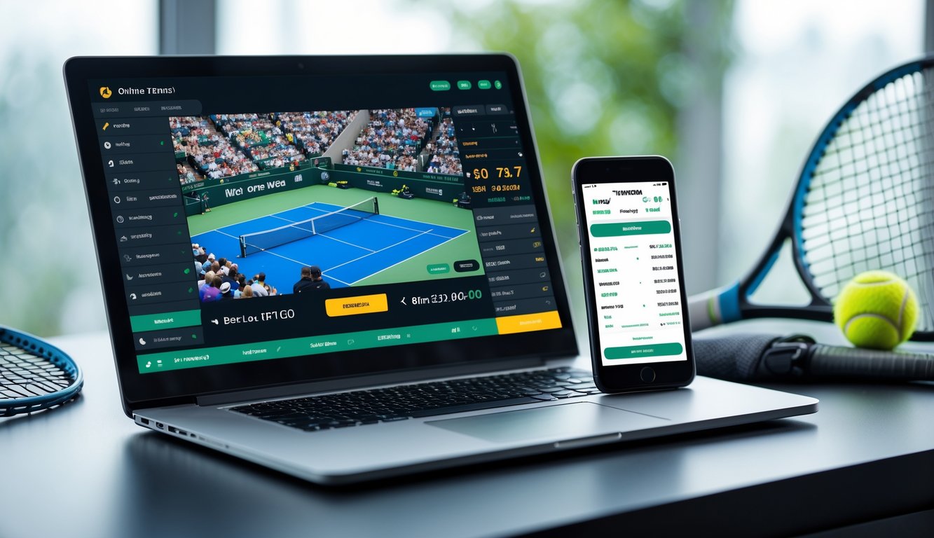 Sebuah laptop dan ponsel di meja dengan pertandingan tenis yang sedang ditayangkan dan aplikasi taruhan terbuka, dengan raket dan bola tenis di latar belakang.