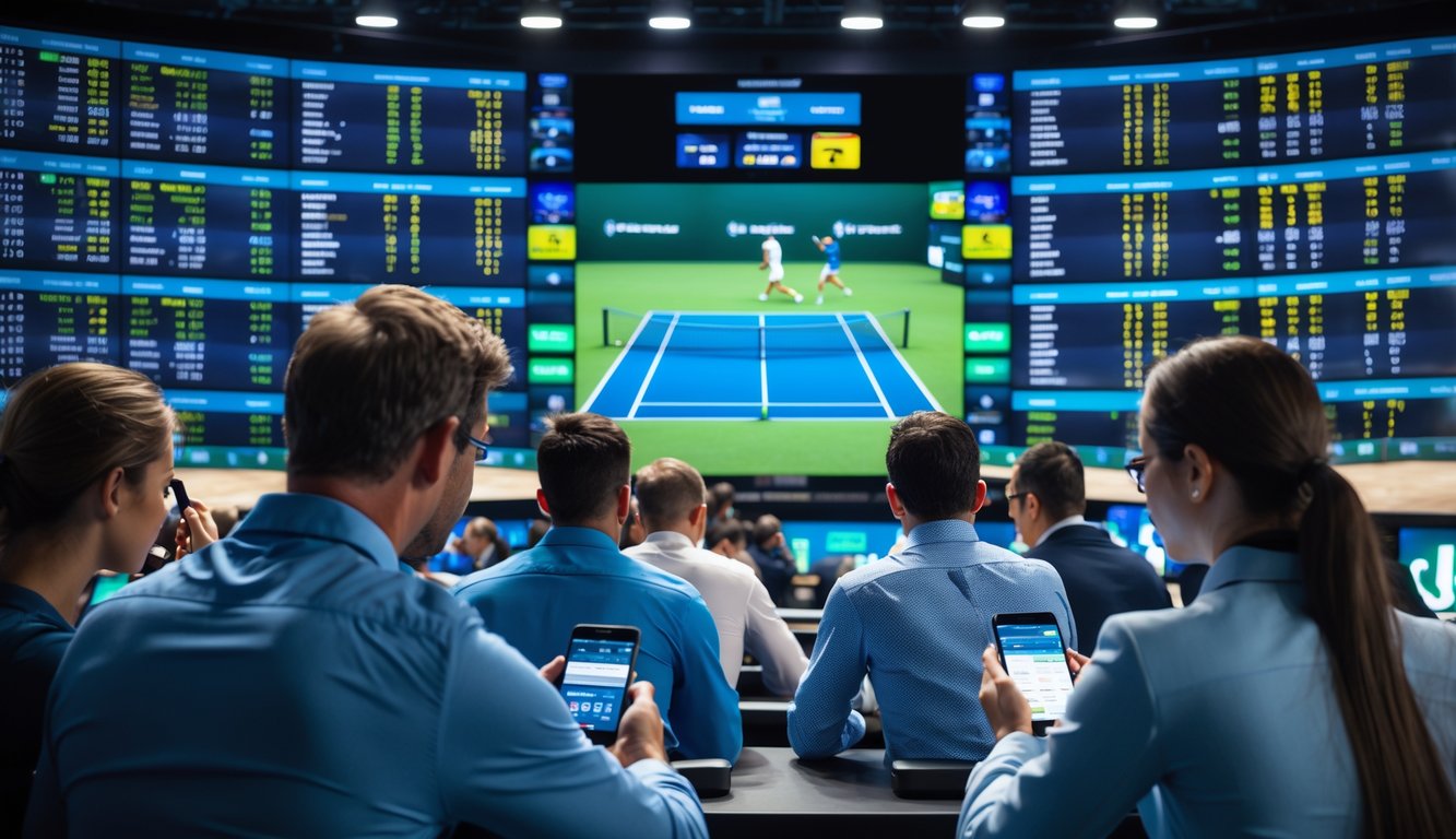 Beberapa orang sedang melihat dan menggunakan perangkat digital untuk mengikuti peluang taruhan tenis secara langsung dengan latar belakang pertandingan tenis yang sedang berlangsung.