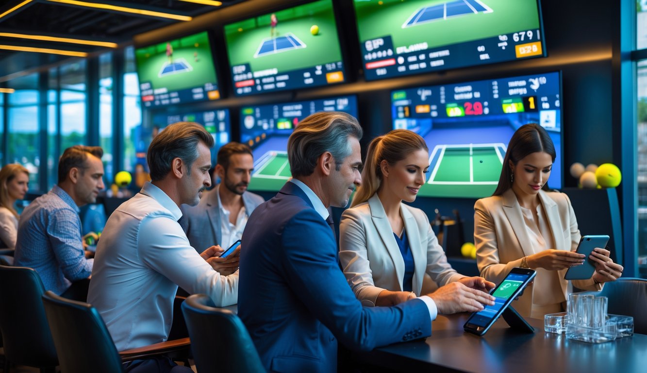 Beberapa orang dewasa sedang memasang taruhan tenis di sebuah ruang taruhan olahraga modern dengan layar besar yang menampilkan pertandingan tenis langsung.