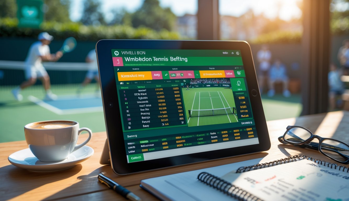 Seseorang menggunakan tablet untuk melihat statistik dan peluang taruhan pertandingan tenis Wimbledon di sebuah meja dengan latar belakang lapangan tenis.