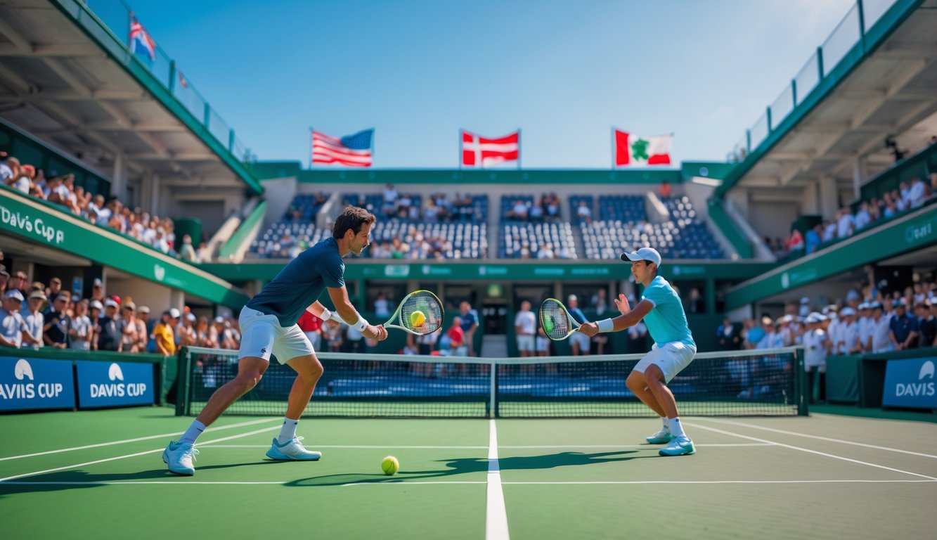 Dua pemain tenis sedang bertanding di lapangan tenis dengan penonton di tribun dan bendera nasional di latar belakang.