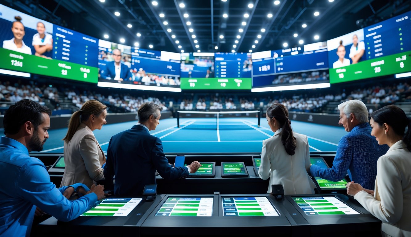 Orang-orang sedang memasang taruhan pada pertandingan tenis Grand Slam di lingkungan taruhan olahraga dengan layar digital dan stadion tenis penuh penonton di latar belakang.
