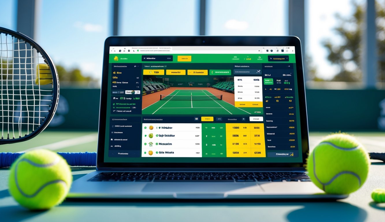 Sebuah laptop menampilkan antarmuka taruhan tenis dengan bola tenis dan raket di meja kerja yang terang.