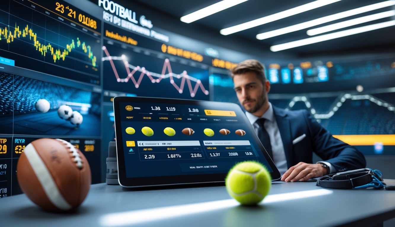 Seseorang menggunakan layar sentuh dengan ikon sepak bola dan tenis serta statistik pertandingan di sebuah ruangan modern.