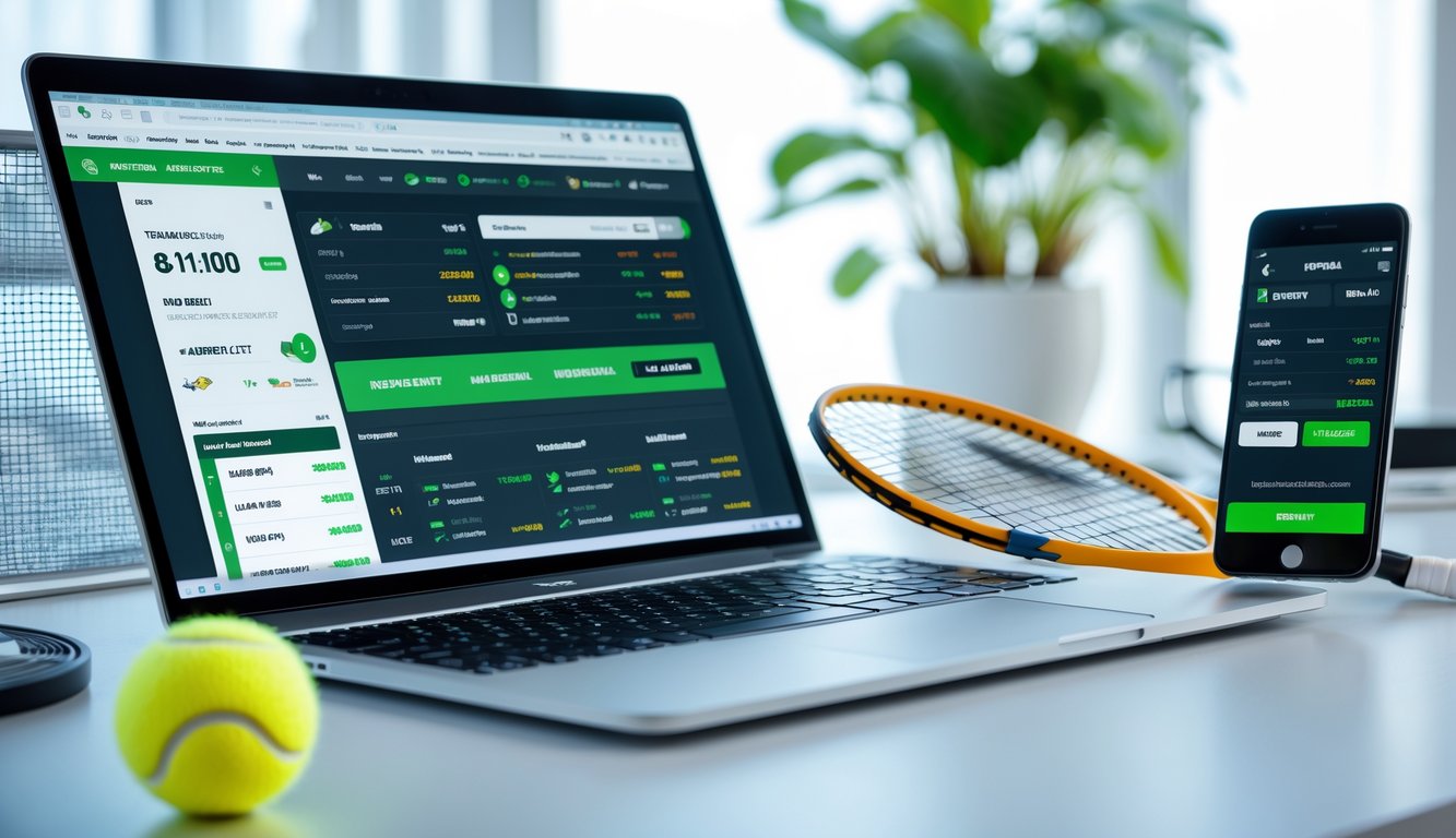 Sebuah meja kerja dengan laptop dan ponsel yang menampilkan situs taruhan tenis online, di samping terdapat bola tenis dan raket tenis.