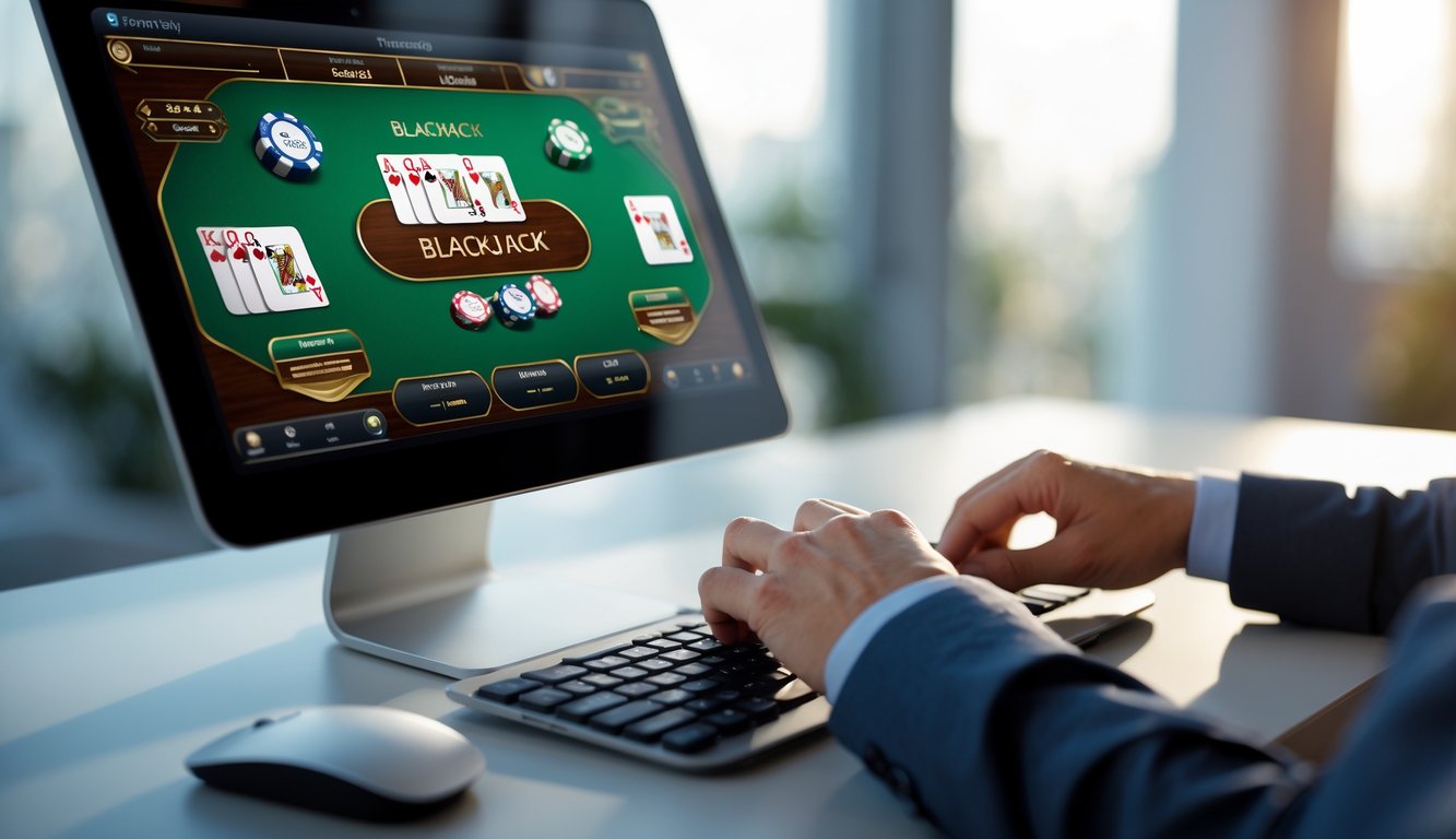 Seseorang bermain blackjack online di komputer dengan kartu dan chip di layar.