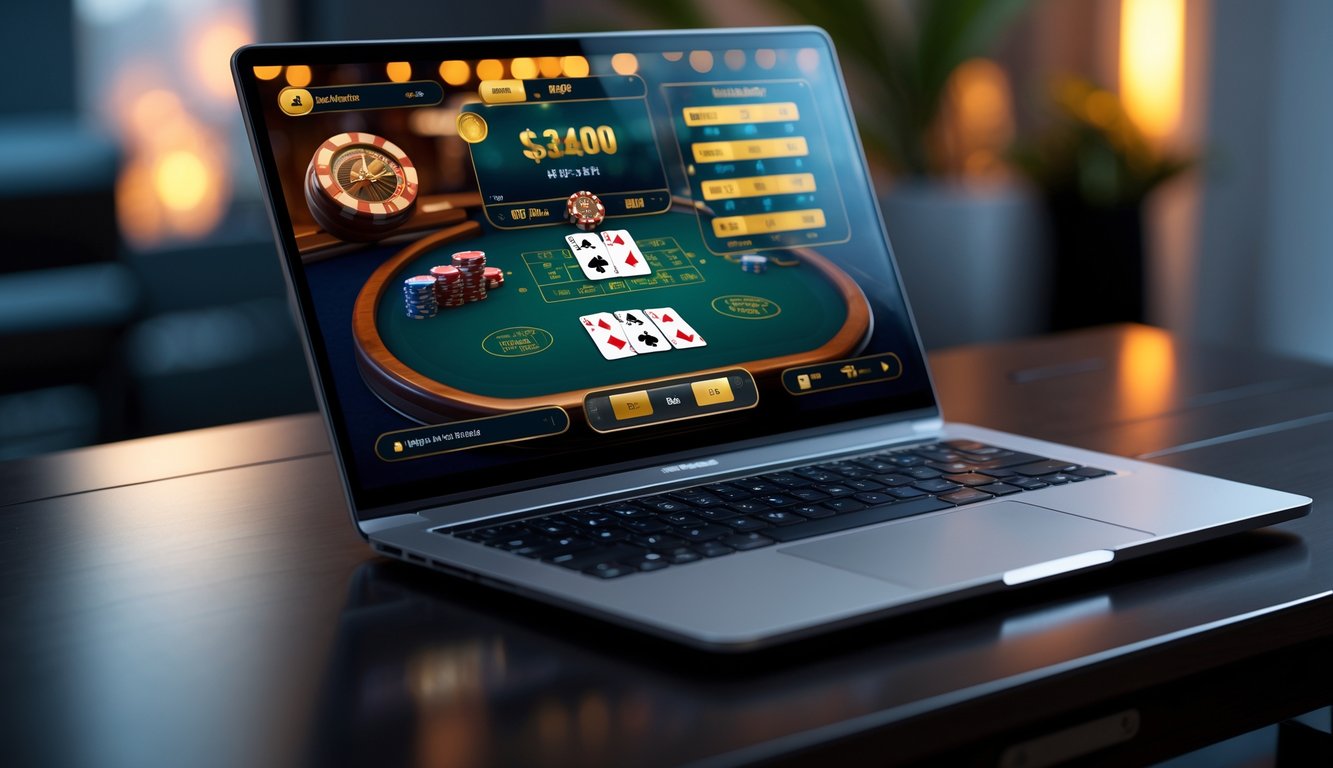 Layar laptop menampilkan permainan blackjack online dengan kartu dan chip di atas meja kayu gelap di ruangan berlampu hangat.