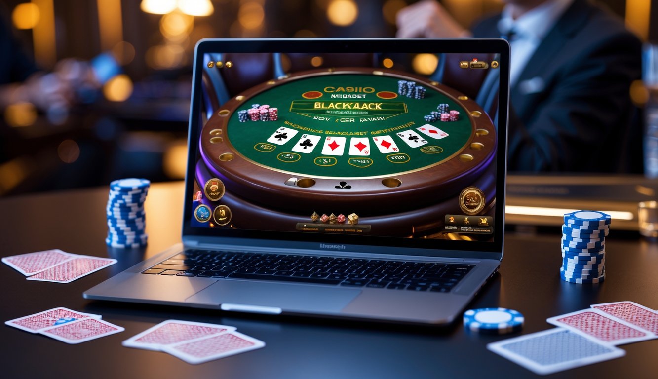 Seorang laptop menampilkan permainan blackjack online dengan kartu dan chip di meja, dikelilingi oleh suasana kasino yang mewah.