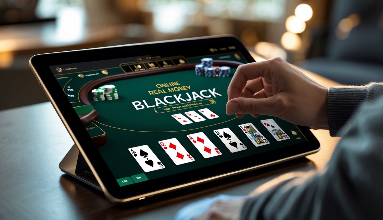Seseorang sedang bermain permainan blackjack online uang asli di layar komputer dengan kartu dan chip terlihat jelas.